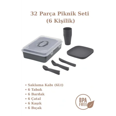 Genel Ürün Piknik Seti 32 Parça 6 Kişilik Bardak Çatal Kaşık Tabak 1500 Mürdüm Ve Antri