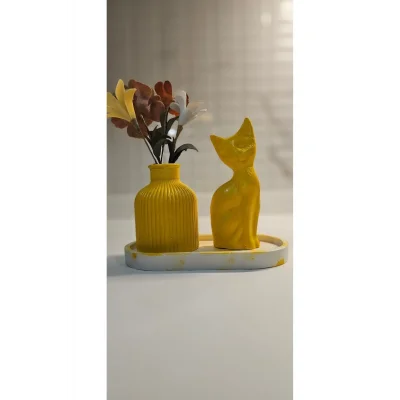 Oyuncak Laurel-wood 3 Parça Oval Tabaklı,Minyatür Vazo,Kedi Figür Seti(VERNİKLİ)