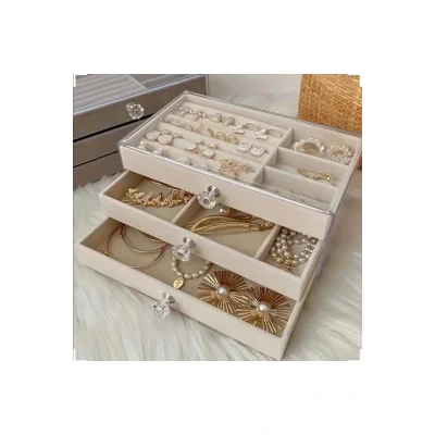 Genel Ürün 3 Çekmeceli Bölmeli Şeffaf Takı Kutusu | Mücevher Saklama Kutusu Krem Renk Seçeneği