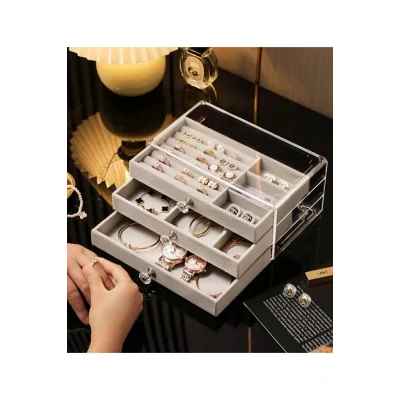 Genel Ürün 3 Çekmeceli Bölmeli Şeffaf Takı Kutusu | Mücevher Saklama Kutusu | Gri Renk Seçeneği 13x23x10