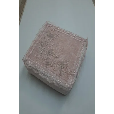 Genel Ürün Kadife Kumaş Süngerli Yemeni Hurç Fransız Güpürlü Dantel Çeyizlik Yemeni Hurcu Pudra 36x36x18cm