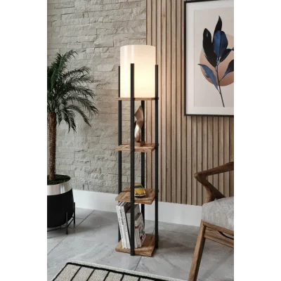 Lamba Kahve Siyah Dekoratif Modern Ahşap Mdf 3 Katlı Raflı Sehpalı Lambader