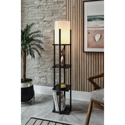 Lamba Siyah Dekoratif Modern Ahşap Mdf 3 Katlı Raflı Sehpalı Lambader