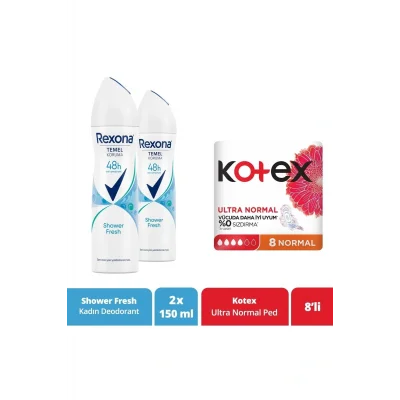 Genel Ürün Antiperspirant Kadın Sprey Deodorant Shower Fresh 150 ml X2 + Kotex Ped Ultra Normal 8li