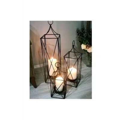 Genel Ürün Laisy Dekoratif 3lü Set Ferforje Kafes Fener Mumluk Boyutlar: Boy:64-50-33 En:17-15-13 Teşhir