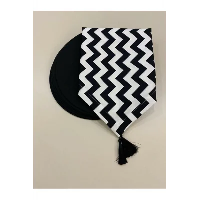 Genel Ürün Amerikan Servis Siyah Zik Zak Desenli Runner Ve 6lı Supla Seti