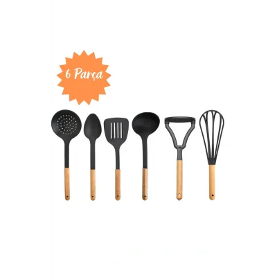 Genel Ürün 6lı Ahşap Saplı Plastik Kepçe Kevgir Kaşık Spatula Ezici Ve Çırpıcı Siyah Servis Seti Dp-ahş01