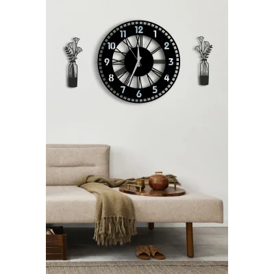 Kol Saati Dekoratif Gümüş Aynalı Duvar Saati + Vazo Tablo