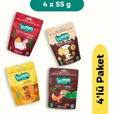 BUĞZ Humm Organik Kurabiye 4lü Set (Ballı ve Kinoalı & Keçiboynuzlu ve Fındıklı & Zencefilli ve Tarçınlı & Tahinli ve Pekmezli)