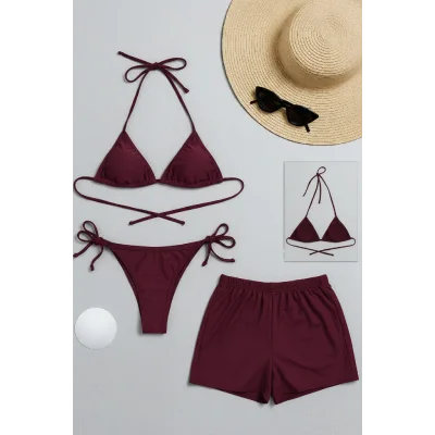 Kadın 3lü Set Bordo Şortlu ve Yandan Bağlamalı Bikini Mayo Takımı