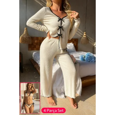 Kadın Beyaz Fiyonklu İç Çamaşırı ve Uzun Kollu V Yaka Pijama Takımı 4lü Set