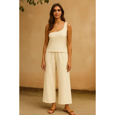 Kadın Beyaz Tek Omuzlu Şık Bluz & Geniş Paça Pantolon İkili Takım