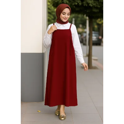 Kadın Bordo Basic Ayarlanabilir Askılı Jile Elbise