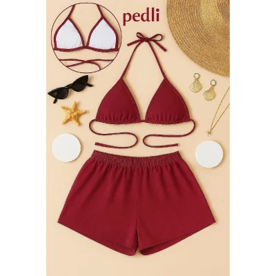 Kadın Bordo Şortlu Belden ve Boyundan Bağlamalı Bikini Takımı