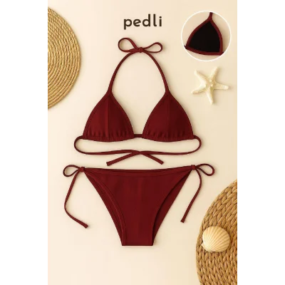 Kadın Bordo Yandan ve Boyundan Bağlamalı Bikini Mayo Takımı