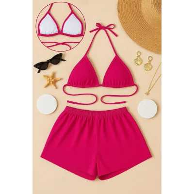 Kadın Fuşya Şortlu Belden ve Boyundan Bağlamalı Bikini Takımı