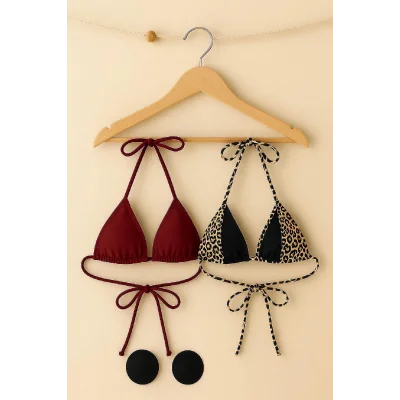 Kadın Leopar Desenli ve Bordo Minimal Kesim Üçgen Bikini Üstü