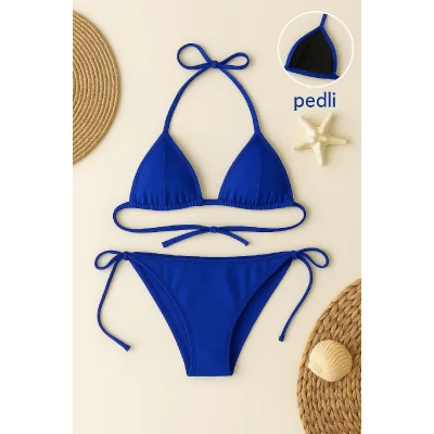 Kadın Mavi Yandan ve Boyundan Bağlamalı Bikini Mayo Takımı
