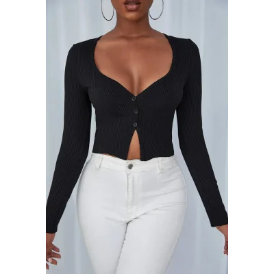 Kadın Siyah Uzun Kollu Düğmeli Göğüs ve Göbek Dekolteli Crop Top Bluz