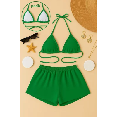Kadın Yeşil Şortlu Belden ve Boyundan Bağlamalı Bikini Takımı