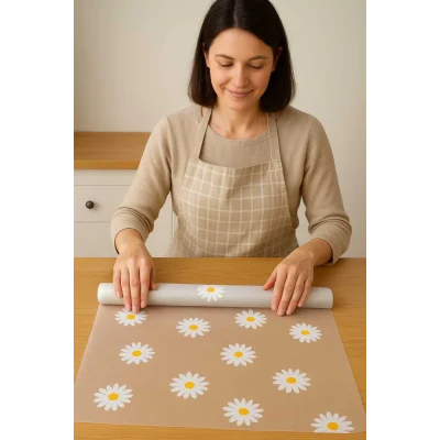 Mutfak Eva Shelf Liner Şeffaf Astar Kaymaz Dolap İçi Çekmece Örtüsü Papatya Desen Mat 45cmx10 Metre