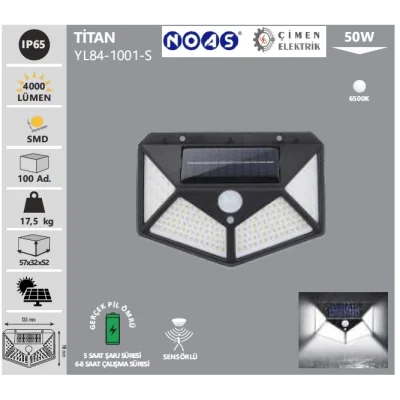 NOAS YL84 1001 S TİTAN 50W Siyah Sensörlü Solar Aplik  Beyaz Işık 6500K