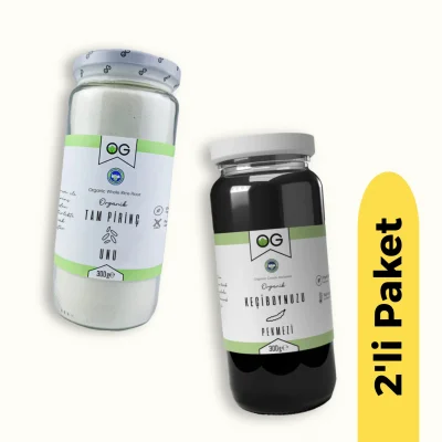 BUĞZ OG Natural Organik Tam Pirinç Unu (300 gr) ve Organik Keçiboynuzu Pekmezi (300 gr) 2li Set