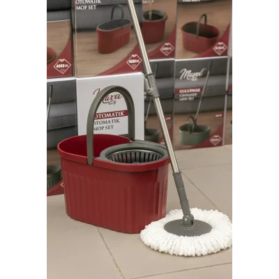 Otomatik Mop Seti Paspas ve Sıkma Kovası, 360° Döner Başlıklı Mikrofiber Yer Temizleme Bordo
