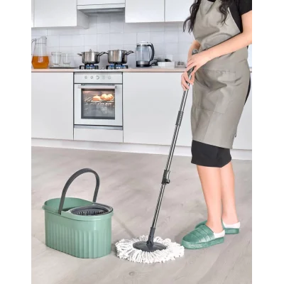 Otomatik Mop Seti Paspas ve Sıkma Kovası, 360° Döner Başlıklı Mikrofiber Yer Temizleme Yeşil