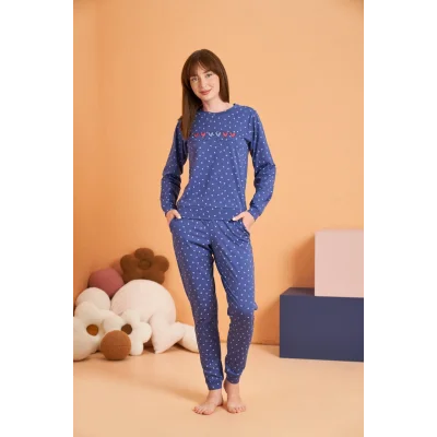 PJS 28081 Kadın Uzun Kol Yuvarlak Yaka Kalpli Pijama Takım