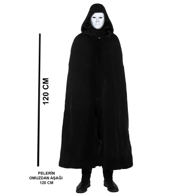 Siyah Kapüşonlu 120 cm Pelerin ve Beyaz Boyanabilir Tam Yüz Maske