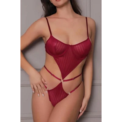 Transparan Bordo Dekolteli Balenli Fantazi İç Giyim Body TM1410