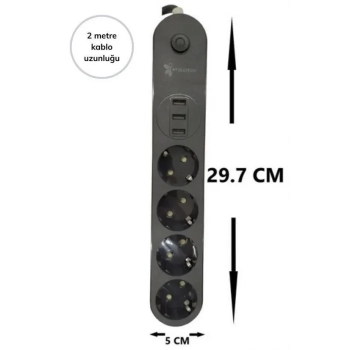 4lü Siyah Anahtarlı 3 Usb Li Akım Korumalı Topraklı Çocuk Korumalı Grup Priz 2 Metre