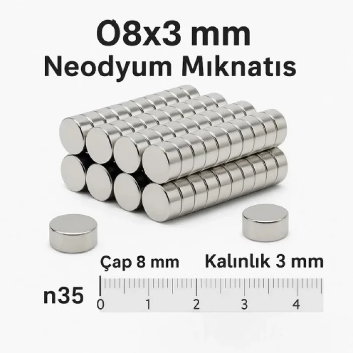 BUĞZ 5 Adet 8x3mm Yuvarlak Neodyum Mıknatıs Güçlü Nikel Kaplamalı Kaliteli Dayanıklı Magnet