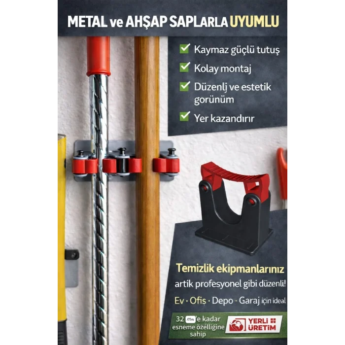 1 Adet Duvara Monte Mop ve Temizlik Aparatı Tutucu – Kaymaz Güçlü Tutucu, Metal ve Ahşap Saplarla Uyumlu