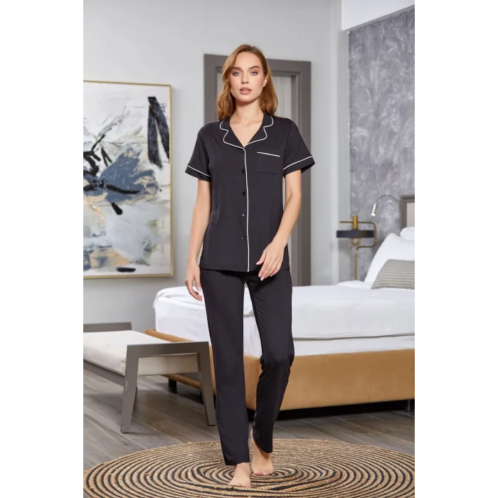 Aqua 25526-K Kadın Kısa Kol Önü Düğmeli Pijama Takım