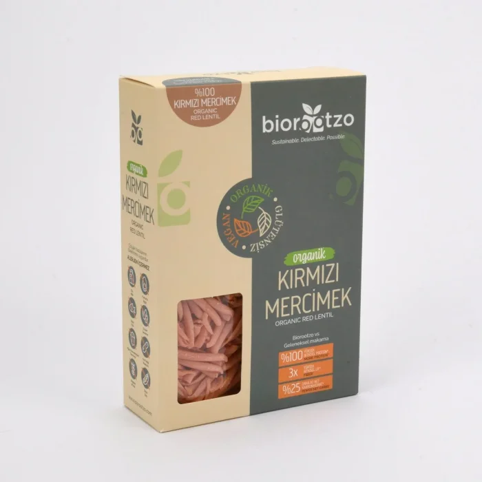 BUĞZ Biorootzo Artizan Makarna Bronz Kalıp Glütensiz ve Vegan Kırmızı Mercimek Casarecce 200 g