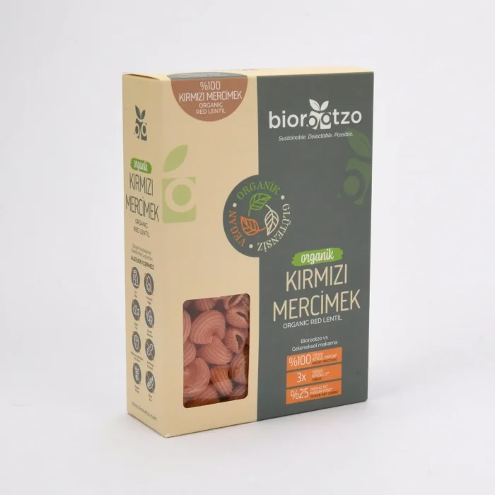 BUĞZ Biorootzo Artizan Makarna Bronz Kalıp Glütensiz ve Vegan Kırmızı Mercimek Mantı - Pipe Rigate 200 g