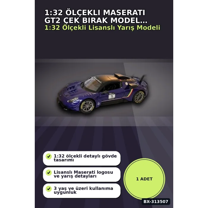 BUĞZ 1:32 Ölçekli Maserati GT2 Çek Bırak Araba - Lisanslı Model, 1 Adet Oyuncak Araba BX-313507