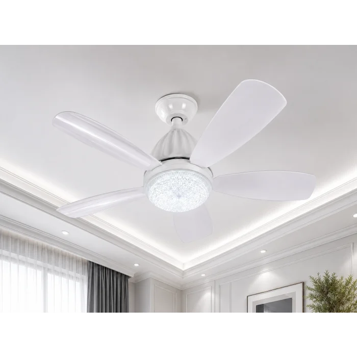 BUĞZ 1 Adet FİM Kristal 30W Ledli 5 Kanat Tavan Vantilatörü 1154 Kumandalı 3 Renk E27 Duy