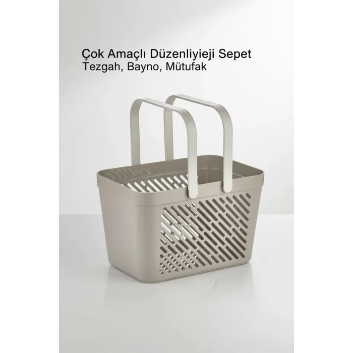 BUĞZ 1li Gri Çok Amaçlı Kulplu Sepet Mutfak Banyo Organizer Taşıma Sepeti