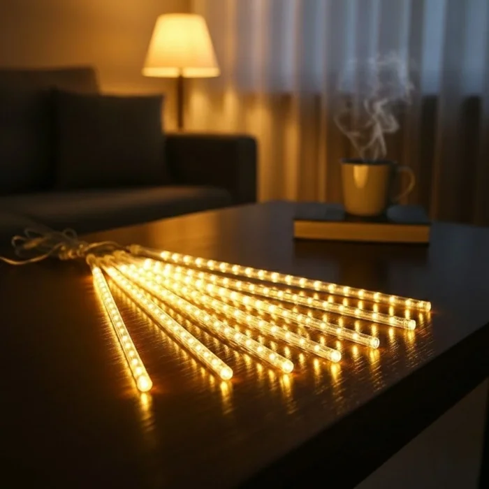 BUĞZ 10lu 45 cm Plastik Meteor LED USB 2M Kablo Sarı Renk Ağaç Işığı – Renk Değiştiren Asmalı Dekoratif Bahçe ve Dış Mekan Aydınlatması