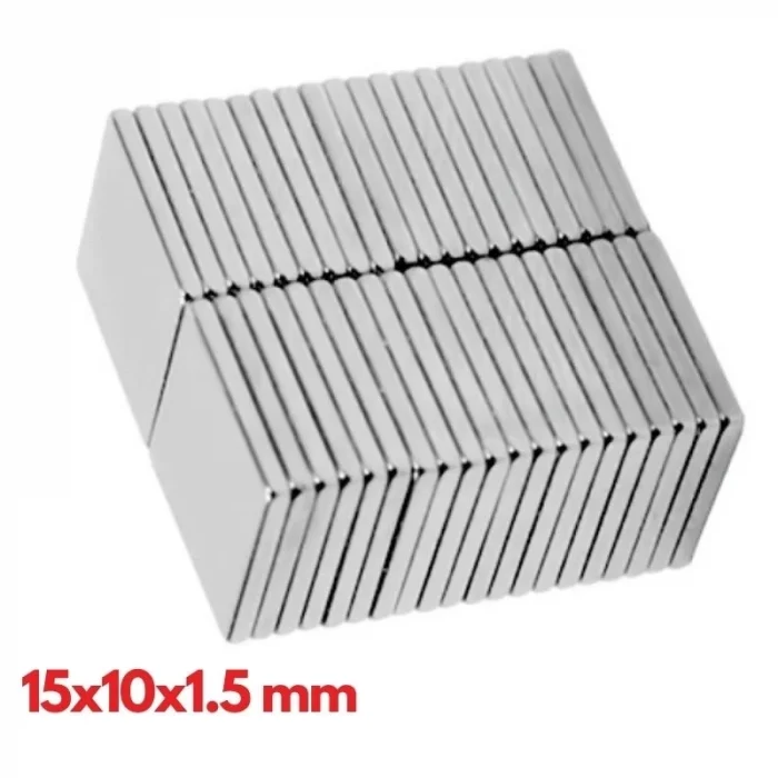BUĞZ 100 Adet 15x10x1.5 mm Köşeli Neodyum Mıknatıs N35 Magnet Dayanıklı Nikel Kaplama