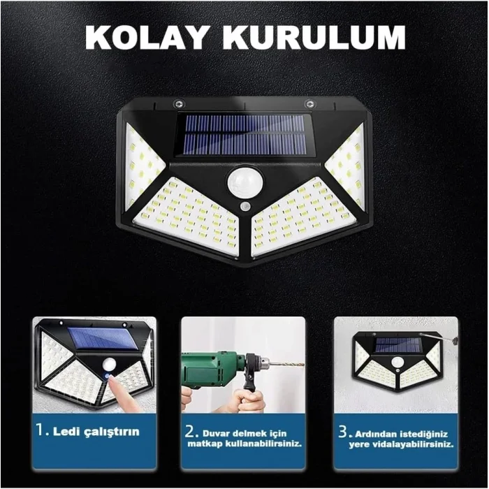 BUĞZ 100 Led Dış Mekan Solar Aydınlatma Fotoselli Solar Lamba Hareket Sensörlü