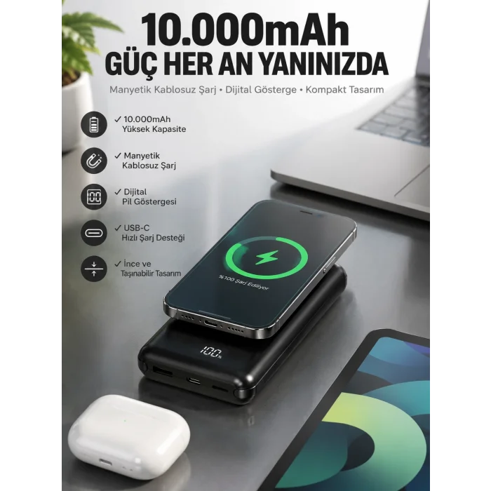 BUĞZ 10.000 Mah Powerbank 4 Portlu Hızlı Şarj Dijital Göstergeli