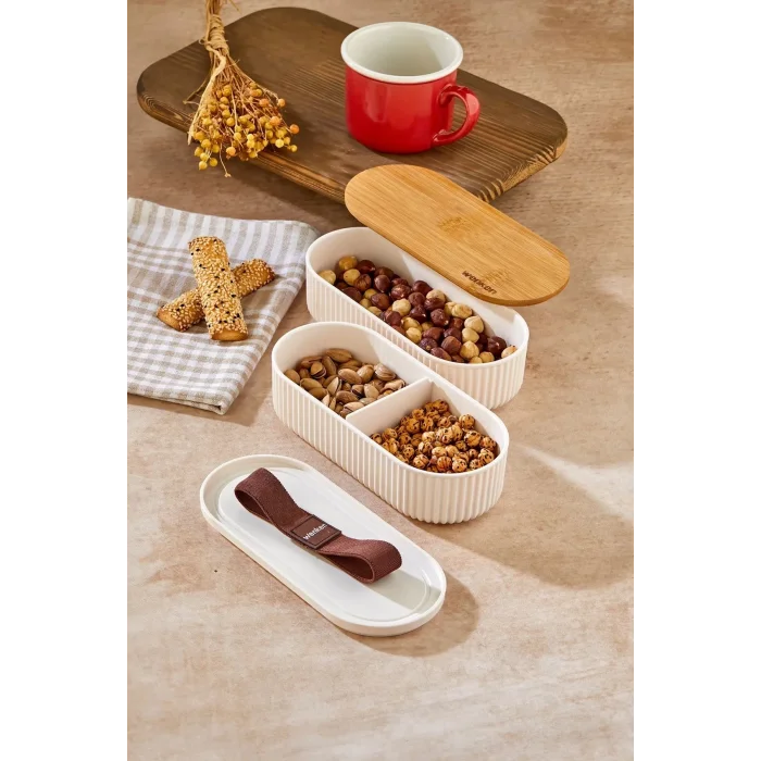  1000ml Ahşap Kapaklı Lunch Box 2li Set Diyet Beslenme Kutusu Bambu Saklama Kabı