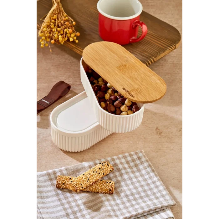  1000ml Ahşap Kapaklı Lunch Box 2li Set Diyet Beslenme Kutusu Bambu Saklama Kabı