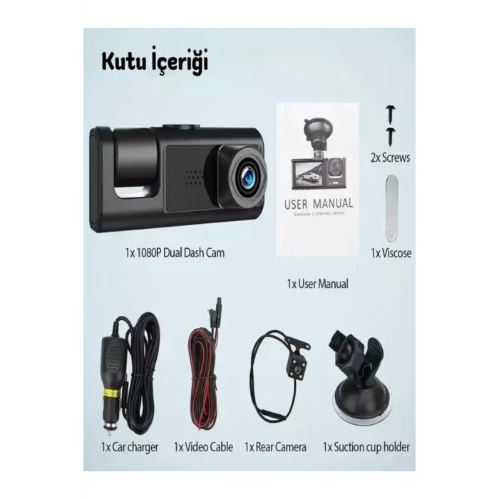 BUĞZ 1080p 3 Kameralı Araç İçi Kamera IPS Ekranlı Ultra Geniş Açılı Gece Görüşlü G Sensörlü