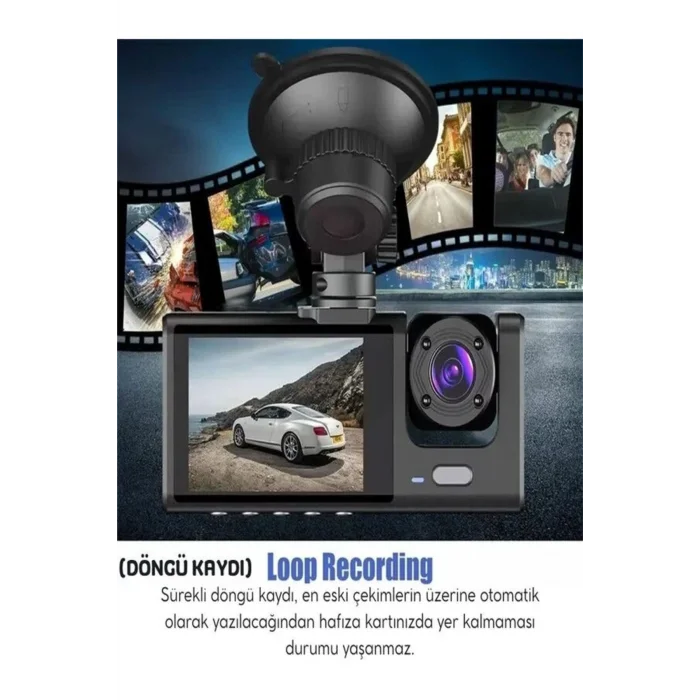 BUĞZ 1080p 3 Kameralı Araç İçi Kamera IPS Ekranlı Ultra Geniş Açılı Gece Görüşlü G Sensörlü