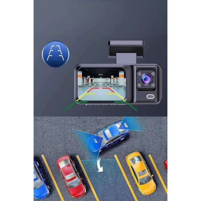  1080P 3 Lensli WİFİ Araç İçi Kameralı Ekran DVR Kaydedici Gece Görüşlü